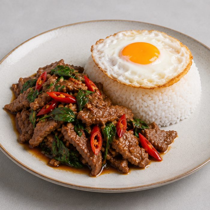 Bœuf au basilic & œuf frit